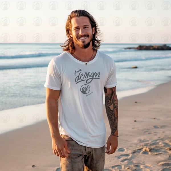 Beach Mockup, White Man T-Shirt Mockup, Men's T-Shirt Mockup, Beach Mockup, Man Beachwear Mockup, long-hair Tattooed Man Shirt Mockup