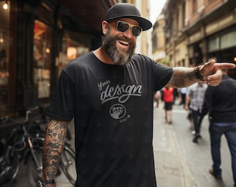 Father&#39;s Black T-Shirt Mockup, Tattooed Model, Male Black Shirt mockup, Model Mockup, Hipster Dad Mockup, Urban Aesthetics, Bearded Model