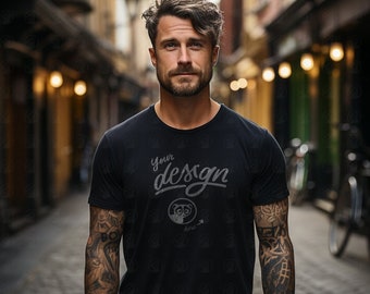 Hipster Dad Mockup, Tattooed Man Model Black T-Shirt Mockup, Father's Day Black Shirt mockup, Male Model, Urban Aesthetics, Cool Guy Model