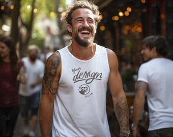 White Tank Mockup, laughing Man Mock Up, Male Tank Mock Up, Male Model Mock up, Guy In White Tank Top Mockup, Tank Template, Tattooed Model