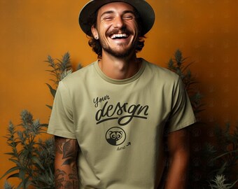 Kiffer T Shirt Mockup, lachender Mann Mockup, Cannabis Mockup, Gras, Topf, Rauchen TShirt Mockup, Moosgrün T ShirtMarihuana T-Shirt Mockup