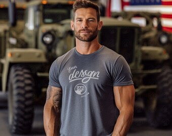 Male T-Shirt Mockup, Bella Canvas Gray T-Shirt, Manly Man Mockup, Military Mockup, Father's Day Mockup, Dad Mockup, US Army Car Background