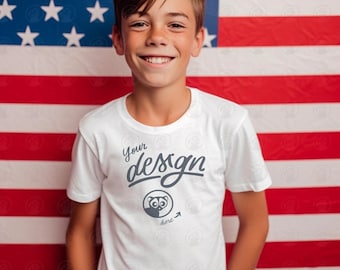 4th Of July Kid Mockup, Bella Canvas White T-Shirt Mockup, White Shirt Mock up, Patriotic American Boy Mockup, USA Flag, Independence Day