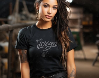 Brunette Woman In Black T Shirt Mockup, Female Model Black T-Shirt Mockup, Black Tee Mock Up, Workshop Mockup, Beautiful Female Model Mockup