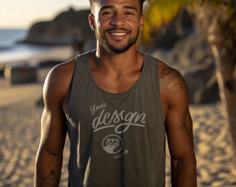 Beach Mockup, Dark Tank Mockup, Men's Tank Top Mockup, Black Man Mock Up, Male Tank Mock up, Male Model Mock up, Tank Template, Beach Mock