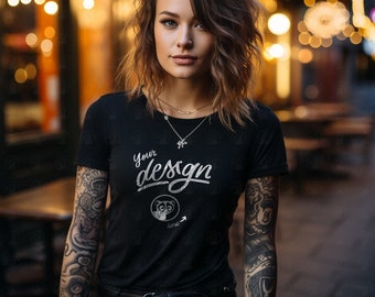 Tattooed Model Black T-Shirt Mockup,Female Model Mockup, Women&#39;s Tee Mock, Unique T Shirt Mockup, Black T Shirt  Mockup, Night Out Mockup