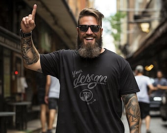 Tattooed Model Black T-Shirt Mockup, Father&#39;s Day Black Shirt mockup, Plus Size Model, Hipster Dad Mockup, Urban Aesthetics, Bearded Model