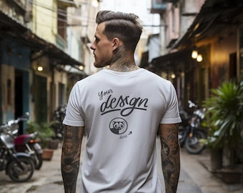 Back View White T Shirt Mockup, White Man T-Shirt Mockup, Tattooed Guy, White Shirt Mockup, Male Model, T shirt Mockup, Urban Street Mockup