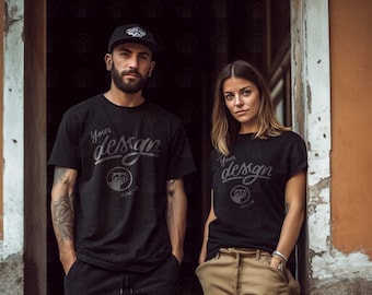 Black T-shirt Couples Mockup, Couple Mockup, Couples Black t-shirt Mock, Alternative Couple Tshirt, Men and Women, Outdoors, Urban, City