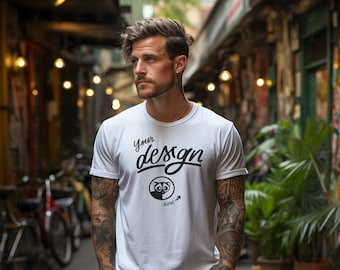 Getatoeëerde man, wit T-shirt model, blanke man T-shirt model, wit T-shirt model, mannelijk model, T-shirt model, Urban Street model