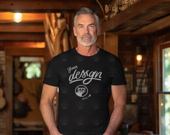 Man Cave Background Male Shirt Mockup, Bella Canvas Black T-Shirt, Senior Man Mockup, Male Mockup, Father&#39;s Day Shirt Mockup, Dad Mockup