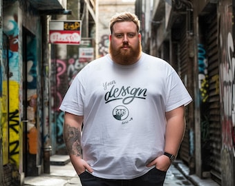 White T-Shirt Mockup, Men's White T-Shirt Mockup, Urban Street Vibes Mockup, Hipster Mockup, Grunge Mockup, Plus Size Man, Extra Large Model