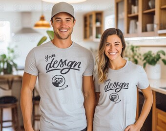Lifestyle Mockup, Couple Mockup, Light Gray T-shirt Mockup, Modern Gray t-shirt Mock, Aesthetic Home Background Mockup, White Couple Mock Up