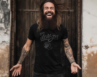 Man Black T-Shirt Mockup, Male Black Shirt mockup, Tattoo Model Mock Up, Long Hair Hipster Model Mockup, Dark Urban Aesthetic, Happy Model