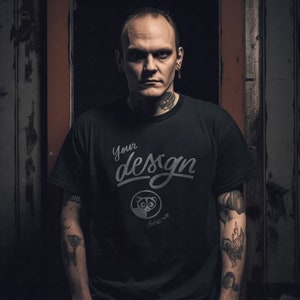 Father&#39;s Black T-Shirt Mockup, Tattooed Man, Male Black Shirt mockup, Male Model Mockup, Rugged Man Mockup, Dad Mockup, Urban Aesthetics