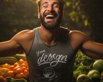 Taupe Tank Mockup, Food T Shirt, Vegetables Mock, Men's Tank Mock up, Male  Mockup, Tank Top Guy Mockup, Vegetarian Mockup, Wellness Mockup