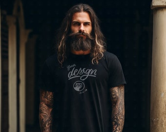 Black T-Shirt Mockup, Man Mock Up, Long Hair Hipster Model Mockup, Male Black Shirt mockup, Tattoo Dark Urban Aesthetic, Edgy Masculine Man