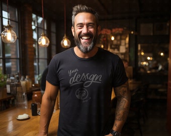 Black T-Shirt Mockup, High-Quality Mockup, Smiling Man Black T-Shirt Mockup, Urban Vibe Mockup, Restaurant Mock, Bistro Mockup, Food Shirt