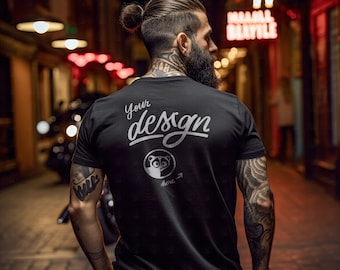 Back Mockup, Back Look Of A Black T-Shirt Mockup, Man T Shirt mockup, Male Model Mockup, Street,Urban Vibes Mockup, Night-Out T Shirt Mockup
