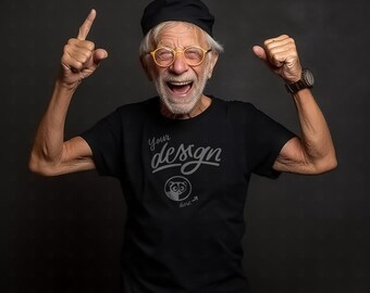 Happy Grandpa Mockup, Grandfather Celebrating Success, Black T Shirt Mockup, Cool Grandpa T-Shirt Mockup, Granddad Mockup, Mature Man Mockup