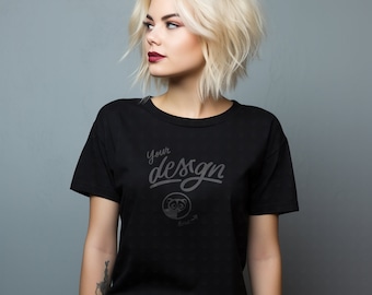 Black T-Shirt, Bella Canvas Woman T-Shirt Mockup, Female Model Mockup, T shirt Mockup, Women's Mock, Casual Mockup, Gray Background Mockup