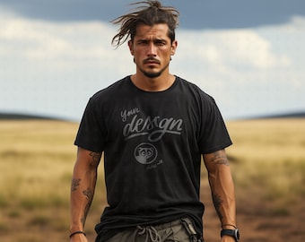 Man Black T-Shirt Mockup, Male Black Shirt mockup, Tattoo Model Mock Up, Long Hair Hipster Model Mockup, Outdoor Mockup, Native Man Mpckup