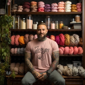 Knitting Mockup, Tattooed Man In Pink T Shirt, Pale Pink Shirt Mcokup, Light Pink Tee Shirt mockup, Alternative Model Mockup, Bearded Man
