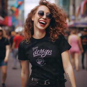 Black T-Shirt Mockup, Women&#39;s Bella Canvas 3001 Mockup, Street Mockup, Tee Shirt Mockup, Black Tshirt Mockup, Urban Style Woman Mock Up