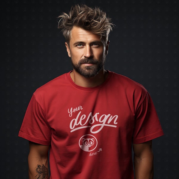 Red T-Shirt Mockup, Male T-Shirt Mockup, Manly Man, Masculine Man Model Mockup, Male Model, Red T Shirt Mockup, Cool Guy Chill Vibe Mockup