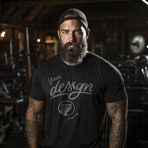 Garage Mockup, Black Shirt Mockup, Male T Shirt Mockup, Black T-Shirt, Male Mockup, Rugged Man Mockup, Father's Day Mockup, Biker Mockup image 1