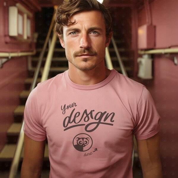 Pink T-Shirt Mockup, Men's Color T-Shirt Mockup, Man Mockup, Male Pink Shirt Mock Up, Man With Mustache Mockup, Retro Shirt Mockup