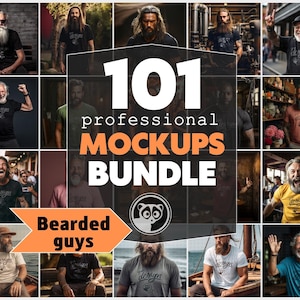 May include: A collage of 101 images featuring bearded men wearing t-shirts with various designs. The text "101 professional MOCKUPS BUNDLE" is displayed in large white letters. The text "Bearded guys" is displayed in orange letters.