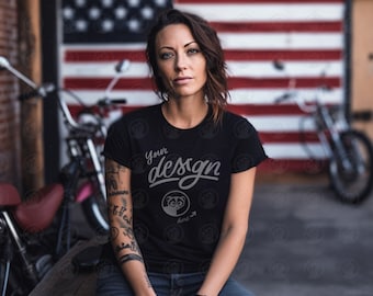 Bella Canvas Woman T-Shirt Mockup, Biker Woman Mockup, Black Shirt Mock up, Women&#39;s Tee Mock, Outdoors, American Mockup, USA Flag Achtergrond