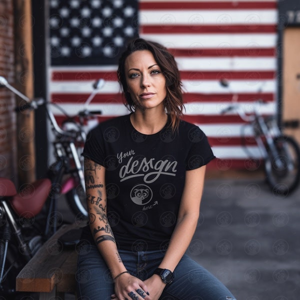 Bella Canvas Woman T-Shirt Mockup, Biker Woman Mockup, Black Shirt Mock up, Women's Tee Mock, Outdoors, American Mockup, USA Flag Background