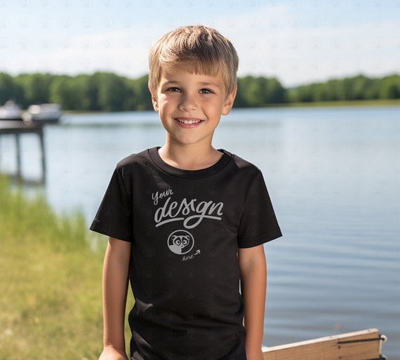 Boy Black T-Shirt Mockup, Child Shirt Mock up, Kid Graphic T-Shirt, Boy  Outdoor Mockup T shirt, Children, Lake, Nature, Fishing Mockup