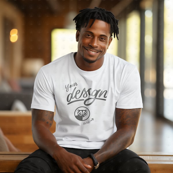 Black Man In White T Shirt Mockup, Black Male T-Shirt Mockup, White Shirt Mockup, Black Male Model, White Tee Mockup, Masculine Man Mock