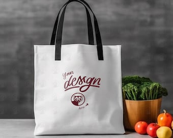 White Market Bag Mockup, White Tote Bag Black Handles Mockup, Modern Gray Kitchen Bag Mockup, Sublimation Shopping Bag, Tote Bag Mockup