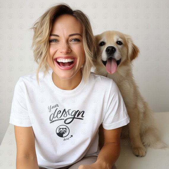 Woman and Dog Mockup, White T shirt Mockup, Women's Tee Mockup, White T Shirt Mockup, Female Model  Mockup, Plain Tee Mockup, Pet T Shirt