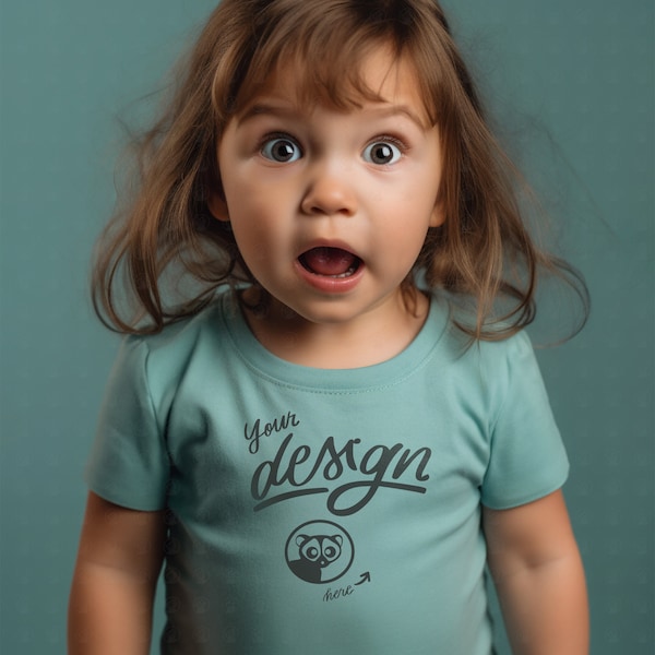 Surprised Girl Mockup, Sage Green Shirt Mockup, Green T Shirt Mockup, Girl T Shirt Mockup, Young Girl Mockup, Kid's Funny T Shirt Mockup