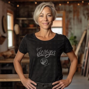 Workshop Mockup, Artist Woman In Black T Shirt Mockup, Female Model Black T-Shirt Mockup, Black Tee Mock Up, Mature Female Model Mockup