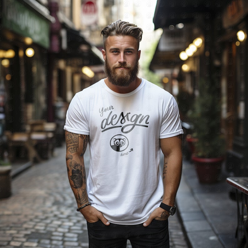 Tattooed Man, White T Shirt Mockup, Urban Street Mockup