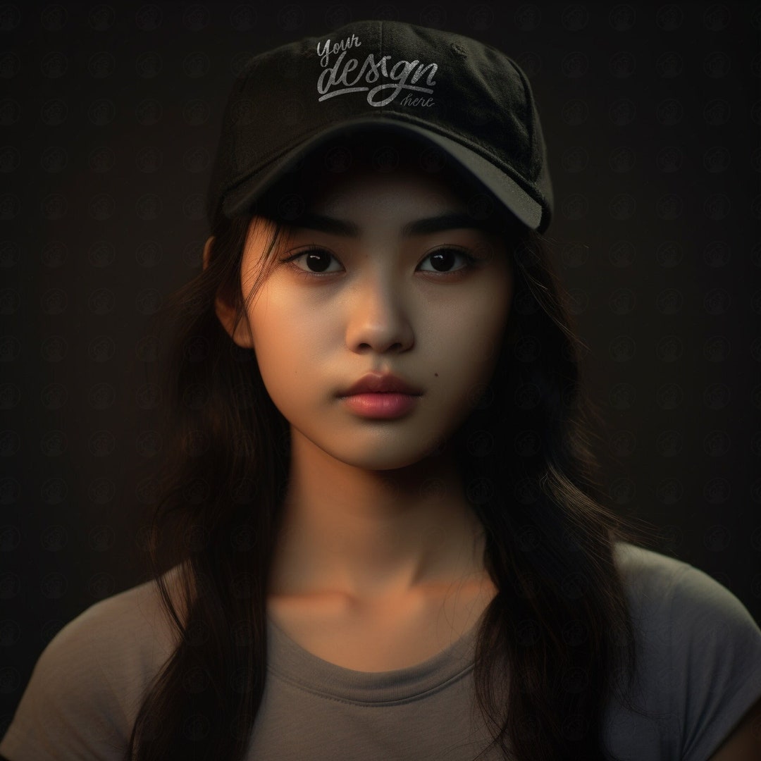 Black Cap Mockup, Young Asian Woman Mockup, Baseball Cap Mock, Asian