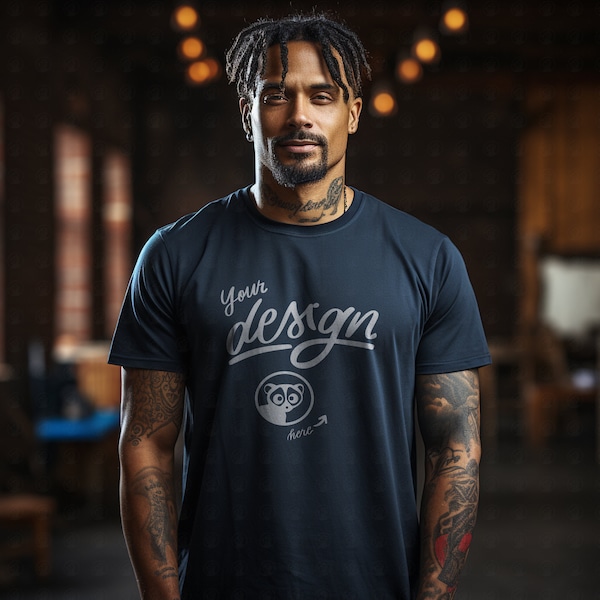 Navy Blue T-Shirt Mockup, Tattooed Black Man Model, Men's T-Shirt Mockup, black Male Shirt Mock Up, Tattooed Man Model, Navy Blue Shirt Mock