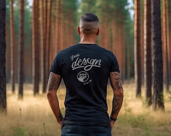 Back Bella Canvas Black T-Shirt Mockup, Man Outdoor Mockup, Tattooed Man Mockup, Dad Shirt Mockup, Woods Mock, Hunting, Father's Day Mockup