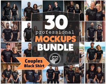 Couples Mockup Bundle, T Shirt Mockups, Men And Women mockup Bundle, Matching Black T Shirt Mockup, Black Tee Couple Mock, 30 Couple Mockups