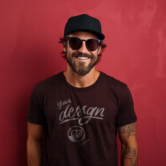 Man In Burgundy T-Shirt Mockup, Casual T Shirt Mockup, Dark Burgundy T Shirt mockup, Hipster Man Model Mockup, Urban Aesthetic, Bearded Man
