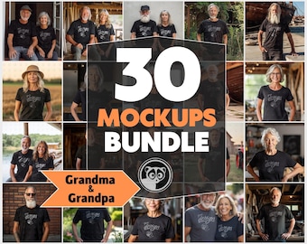 Grandparents Mockup Bundle, Black T-Shirt Elderly Man And Woman Mockups Bundle, Grandma And Grandpa Mockups Bundle, Senior Men, Senior Women