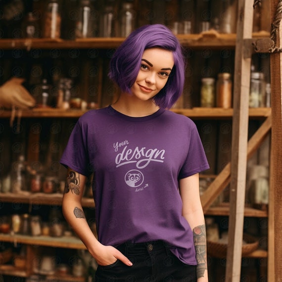 Alternative Model Mockup, Purple T-Shirt Mockup, Punk Model Mockup, Women's Tee, TShirt Mockup, Purple Shirt Woman Mockup, Purple Hair Model