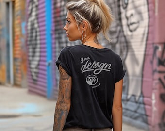 Back Bella Canvas Woman T-Shirt Mockup, Black T-Shirt, Tattoo Model Mockup, T shirt Mockup, Graffiti, Casual Mockup, Urban Background Mockup