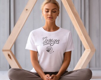 Meditationsmockup, vit t-shirtmockup, livsstilsmockup, yogamockup, pilatesmockup, Bella Canvas, t-shirtmockup, t-shirtmockup för kvinnor